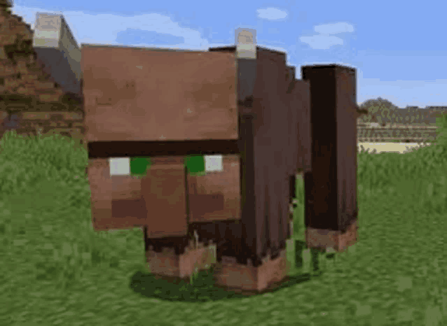 a minecraft villager with green eyes is standing in the grass .