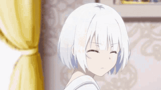 a girl with white hair is making a funny face in front of a window .