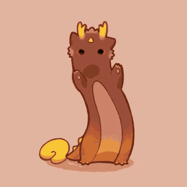a drawing of a brown animal with horns and a yellow tail on a pink background