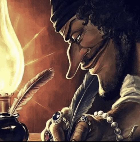 a cartoon of a man writing with a feather in front of a lamp