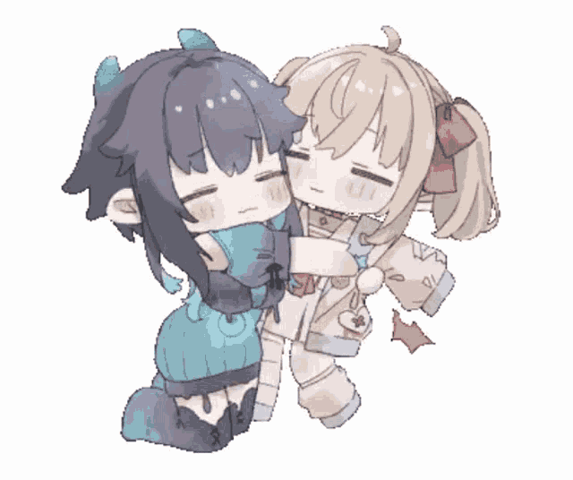 a couple of anime girls hugging each other with one holding a teddy bear