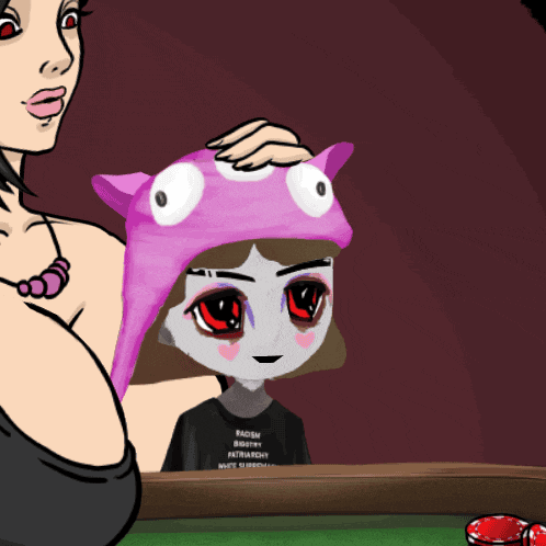 a cartoon of a woman playing poker with a girl wearing a pink hat