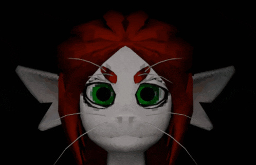 a cartoon character with red hair and green eyes is looking at the camera