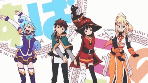 a group of anime characters are standing next to each other on a white background .