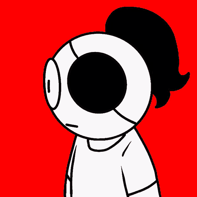 a cartoon character with a red background and a black eye