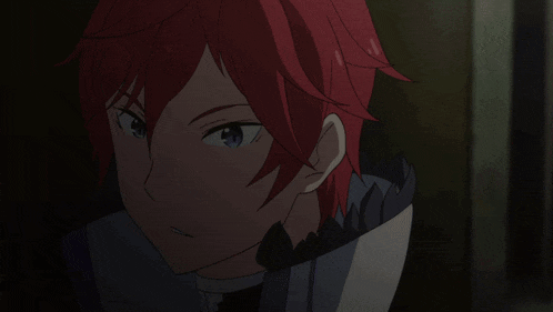 a close up of a anime character with red hair