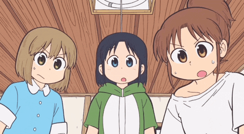 three anime characters are standing next to each other