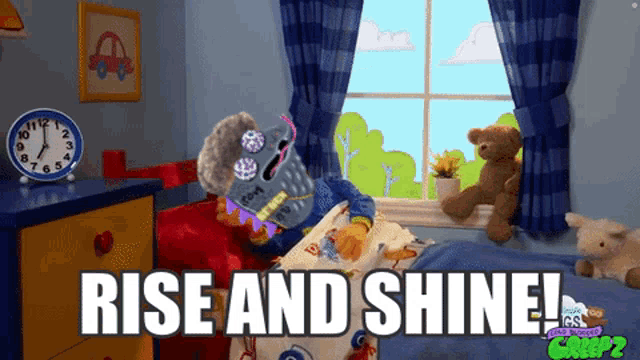 a cartoon of a teddy bear reading a book with the words rise and shine below it