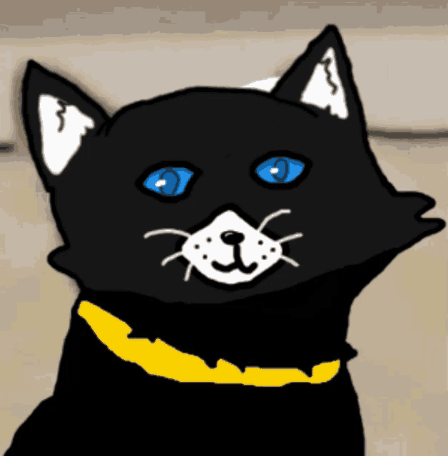 a drawing of a black cat with blue eyes