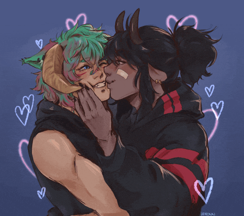 a drawing of a boy with horns kissing another boy with green hair and the name lehoun on the bottom