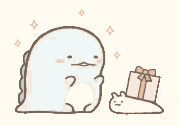 a cartoon dinosaur is standing next to a squirrel and a gift box .