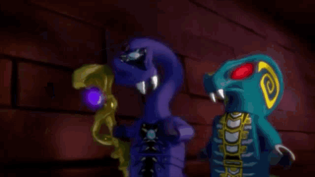 a purple and a blue lego ninjago snake are standing next to each other in a dark room .
