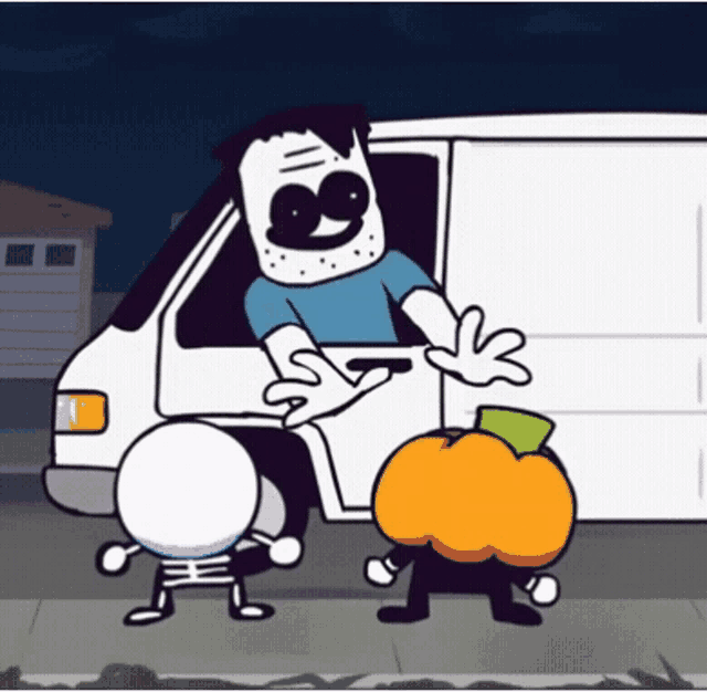 a cartoon of a man holding a gun standing next to a pumpkin