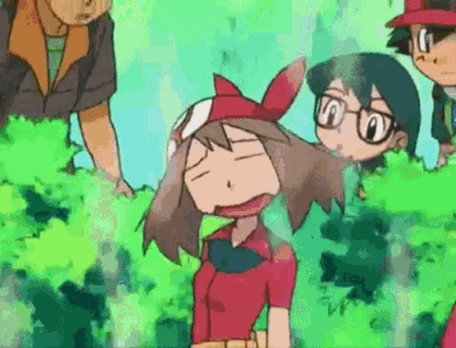 a group of cartoon characters are standing in a field .