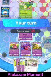a screenshot of a pokemon card game with the words " your turn " at the top