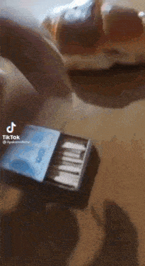 a person is holding a box of matches next to a sandwich .