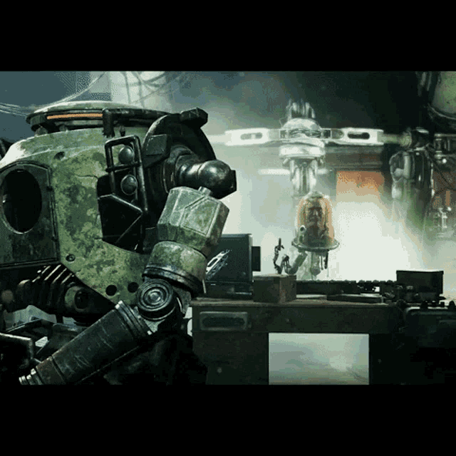 a video game scene with a green robot and a statue of a man in a glass dome