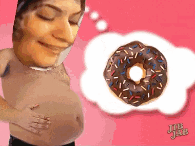 a pregnant woman is thinking about a donut with sprinkles on it