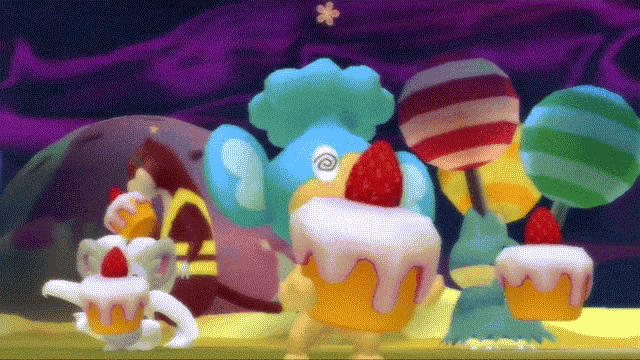 a group of cartoon characters with cakes on their heads