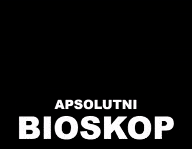a black and white photo of a man with his hands up and the words absolutni bioskop below him