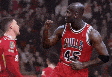 a basketball player wearing a bulls jersey number 45