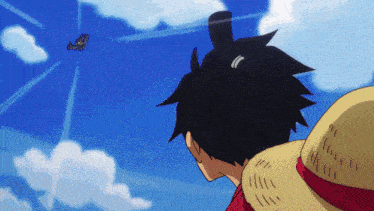 a man in a straw hat looks up at a plane flying in the sky