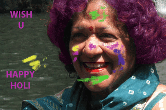 a woman with purple hair and paint on her face with the words wish u happy holi below her