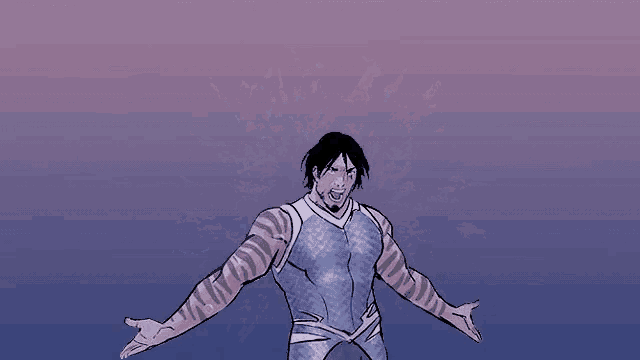 a cartoon of a man with his arms outstretched on a purple background
