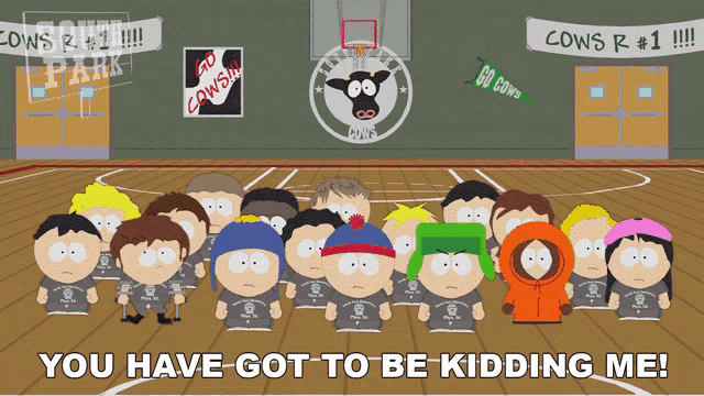 a group of south park characters standing on a court