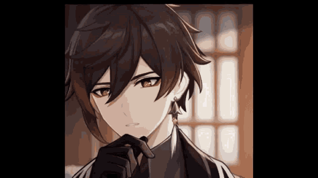 a close up of a anime character with a feather earring and a glove .