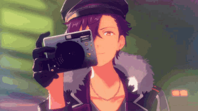 a cartoon character is holding a camera in front of his face with a purple background