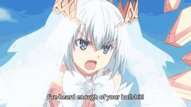 a girl in a white dress with a crown on her head says i 've heard enough of your bullshit
