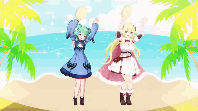 two anime girls are dancing on a beach while holding tambourine