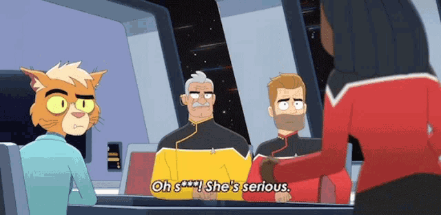 a group of cartoon characters are sitting around a table and one of them says she 's serious
