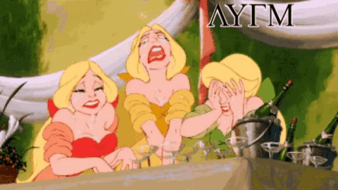 a cartoon of three women covering their faces with their hands and the word aytm in the upper left corner