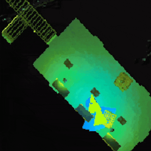 a computer generated image of a blue and yellow triangle on a green surface