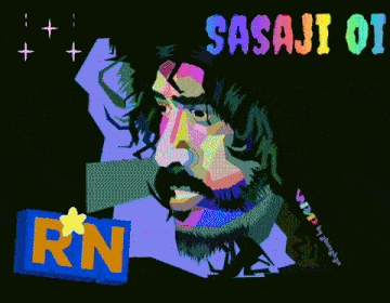 a colorful drawing of a man with the name sasaji on the top