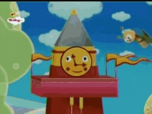 a cartoon drawing of a clock tower with a face on it and the word baby in the corner