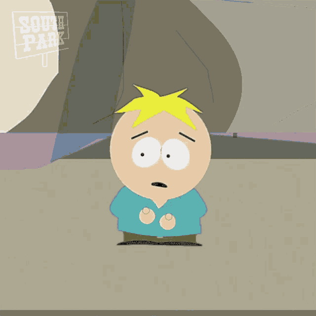 a cartoon character from south park is standing in front of a sign