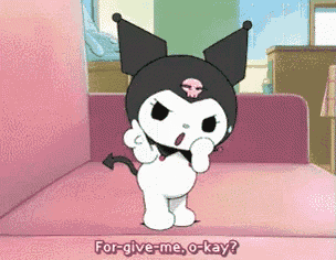 a cartoon character is standing on a pink couch and says for-give-me-o-kay