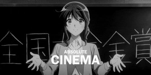 a girl is standing in front of a blackboard that says absolute cinema on it