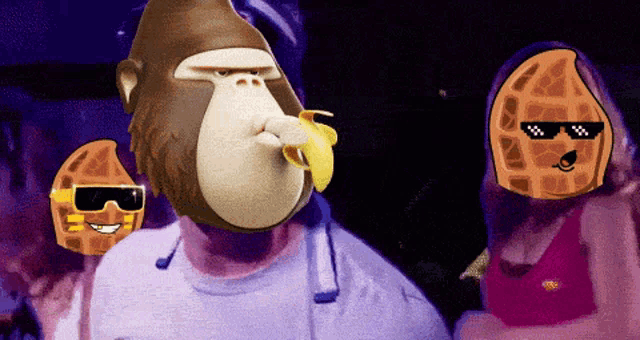a monkey with a banana in its mouth is surrounded by a peanut and a woman wearing sunglasses