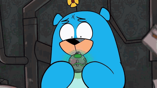 a cartoon bear with a flower on its head holding a green object