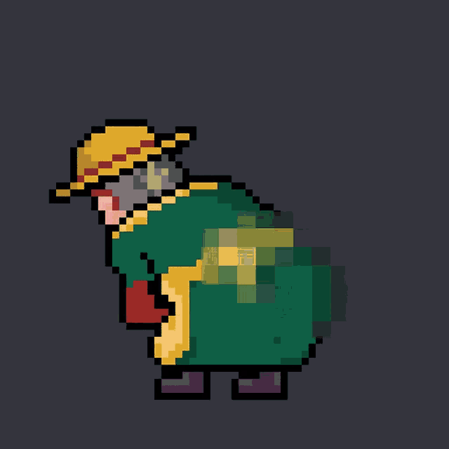 a pixel art drawing of a man wearing a yellow hat and a green cape