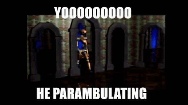 a robot is standing in a dark room with a caption that says he parambulating