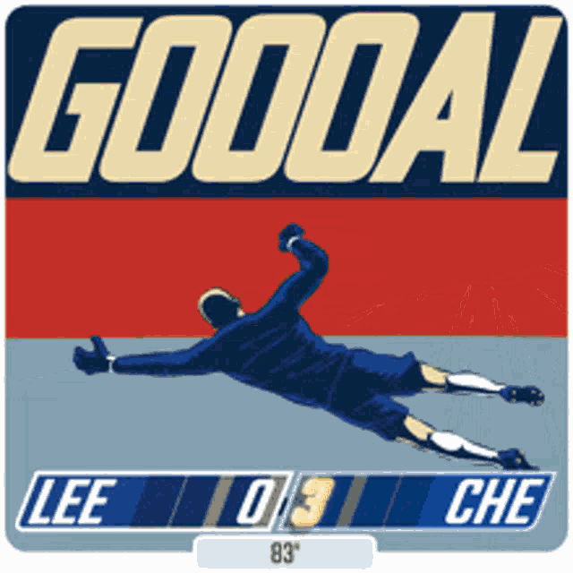 a soccer goalie is diving to catch a soccer ball and the score is 0-3