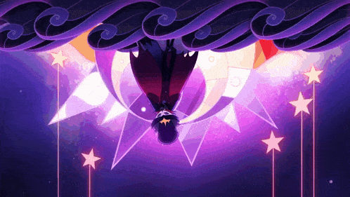 a cartoon character is hanging upside down on a purple background with stars