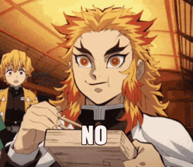 a cartoon character is holding a piece of wood with the word no on it