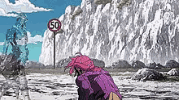 a man in a purple jacket is standing in front of a sign that says 50 on it .