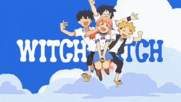 the word witch is on a blue background with a group of people